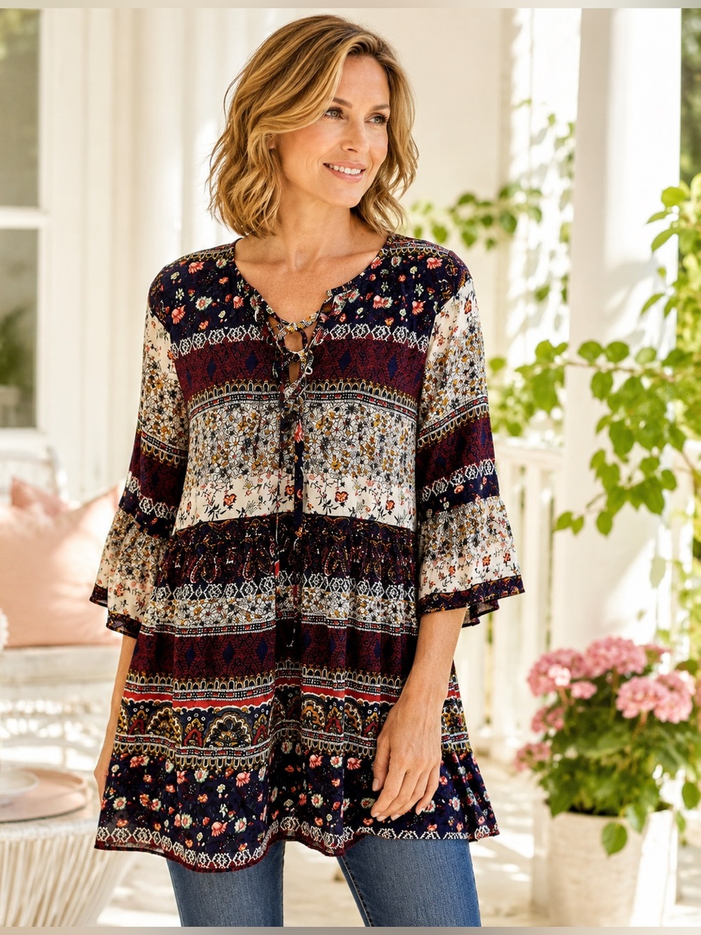 •NWT MOKINGTOP Boho Floral Paisley Peasant Top / Lace-Up Cotton Blend | Small
